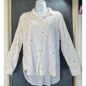 Jane & Delancey White Multi-Color Dog Print Button-Up Roll Tabs Casual/Preppy